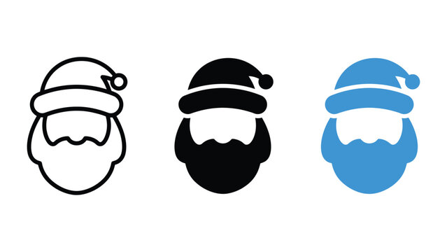 Set of santa claus head icons, outline, solid black and blue vector illustrations