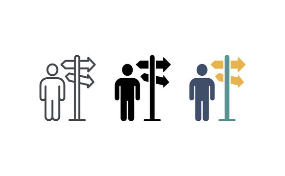 Decision making person icon vector with direction arrows symbol set