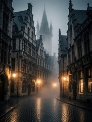 Obraz premium Old European city street with gothic architecture on a foggy rainy day. Cobblestone road reflects light from vintage lamps creating a moody, atmospheric scene.