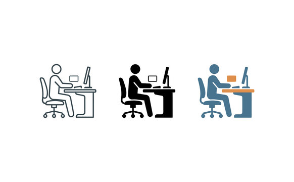 Office worker icon set showing a person sitting at a computer desk