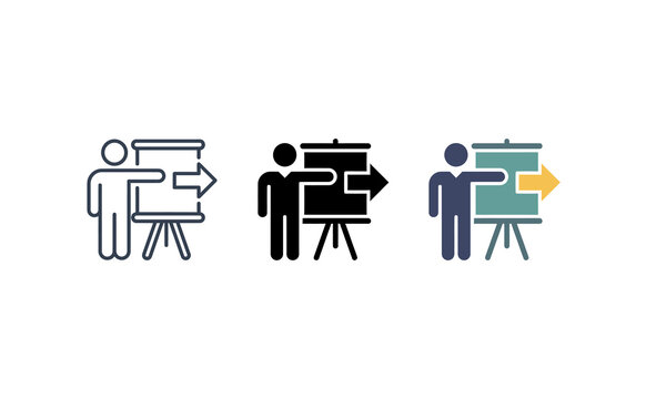 Presentation icon set showing a person pointing at a flipchart board