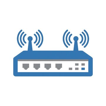 Blue icon of a wireless internet router with two antennas for network connectivity.