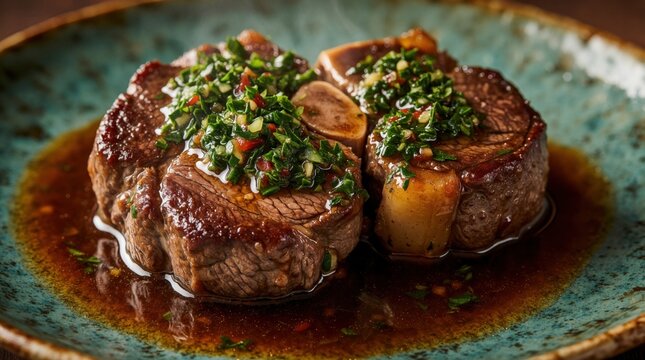 Two pieces of juicy braised meat osso buco topped with fresh herb gremolata sit in rich sauce. Served on rustic blue plate, this classic dish offers savory comfort food delight.