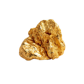 Natural raw gold nugget isolated on white background, precious metal mineral specimen.