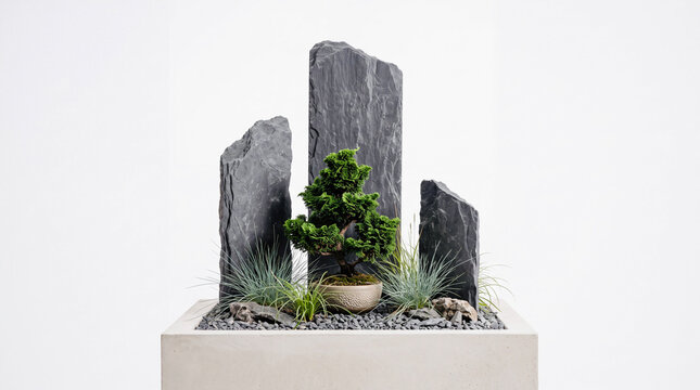 Minimalist zen rock garden installation with miniature bonsai tree, dark vertical slate stone pillars, and ornamental blue grass in concrete planter isolated on white background