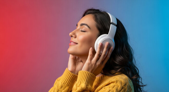 Young woman enjoying music with white headphones, eyes closed, serene expression, vibrant red and blue gradient background