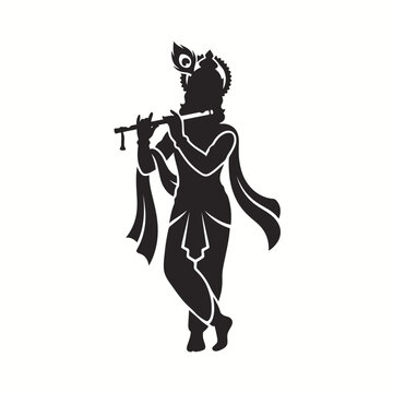 Lord Krishna playing flute black silhouette vector illustration isolated on white background