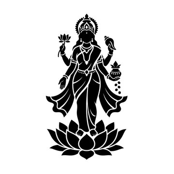 Elegant black silhouette of Lakshmi, the Hindu goddess of wealth, prosperity, and fortune, standing on a blooming lotus flower, symbolizing divine blessings and spiritual abundance