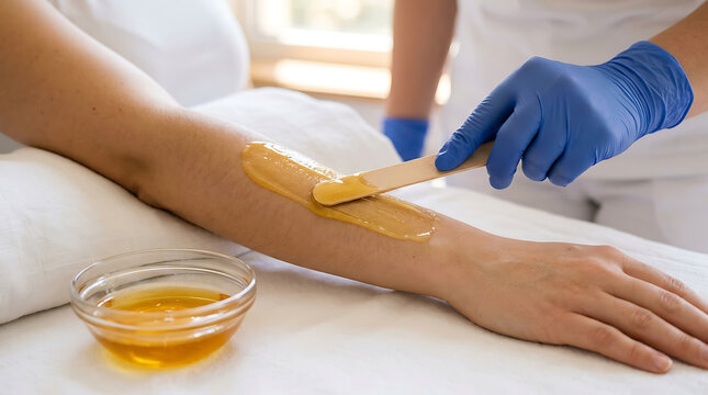 A cosmetologist applies warm wax to a person's arm for hair removal in a spa setting