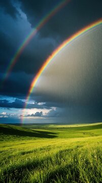 Double rainbow arches over lush green rolling hills under dramatic stormy clouds. Rain falls on the right side of the image. A bright sunlit path appears on the horizon after rainfall.