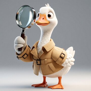 Cartoon goose detective wears trench coat and holds magnifying glass. This charming character investigates with interest. Duck examines closely, searching for clues, embodying mystery and fun.