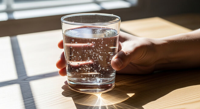 Close up of a hand holding a clear glass filled with sparkling water and small bubbles