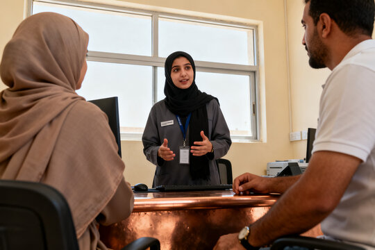 Saudi female specialist explaining independent service access during Najran generic public service interior, authentic Saudi setting, restrained copper and cream, soft window daylight