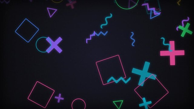 Neon 90s style geometric shapes floating on a dark background, suitable for retro digital graphics, motion design projects and broadcast intros