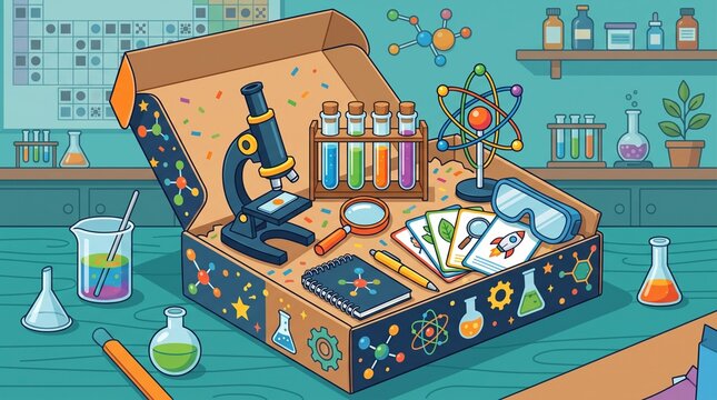 Science discovery subscription box containing a microscope, test tubes, atom model and learning materials, designed for hands-on educational experiments and exploration.