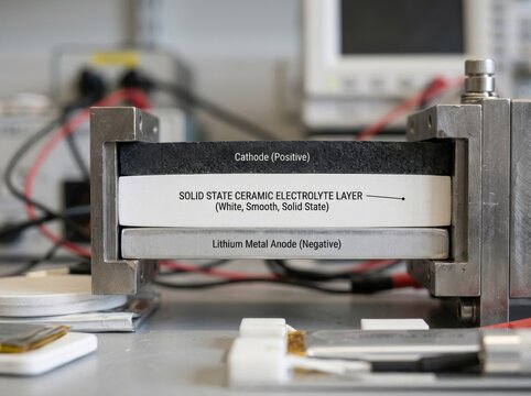 Labeled solid-state battery layers showing cathode, ceramic, and anode