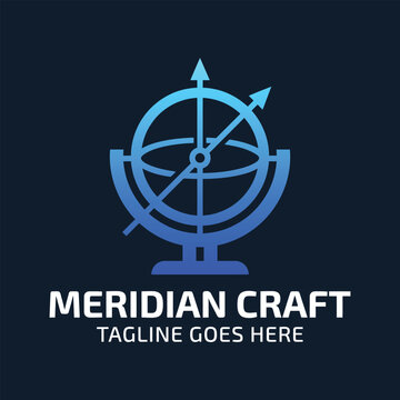 Meridian craft celestial globe with navigation compass direction lines for geography astronomy exploration travel logo design