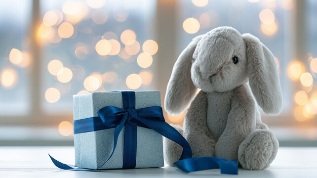Adorable gray plush bunny sitting next to a gift box decorated with a large blue ribbon and bow. Ai generat