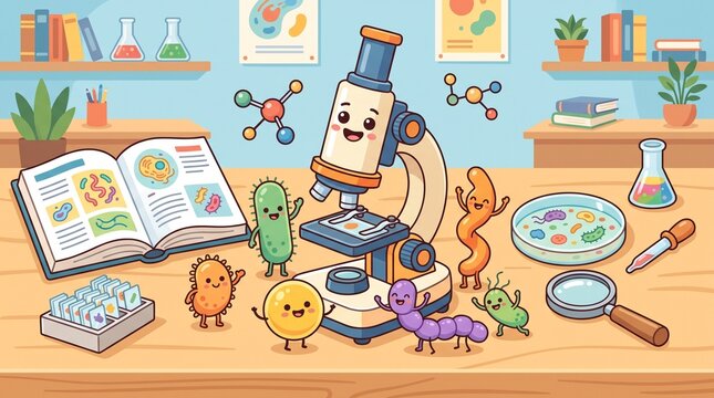 Friendly cartoon bacteria surrounding a microscope with biology books and laboratory tools, creating an approachable science learning concept for microbiology education.