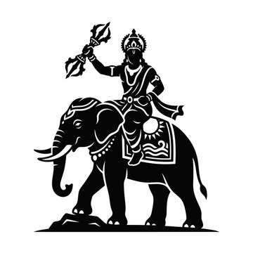 Traditional Indian Deity Riding a Majestic Elephant with a Trident Silhouette Illustration for Cultural Art