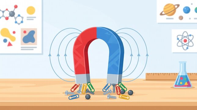 Classic horseshoe magnet attracting metal objects with visible magnetic field lines, representing magnetism, physics education, science experiments and magnetic force.