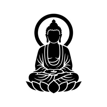 Minimalist Black Silhouette of Buddha Meditating on a Lotus Flower with a Divine Halo for Zen and Spiritual Balance