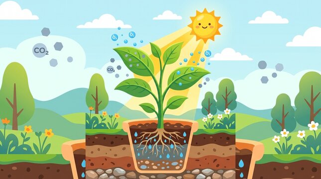 Green plant using sunlight, water and carbon dioxide to grow, with oxygen released from its leaves, representing photosynthesis, plant development and natural energy.