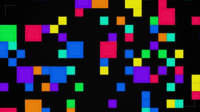 Colorful geometric 2D squares scaling and shifting on dark background, perfect for motion graphics, tech intro, video transitions