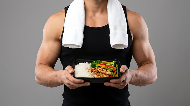 Athletic muscular person holding meal container with healthy fitness diet food