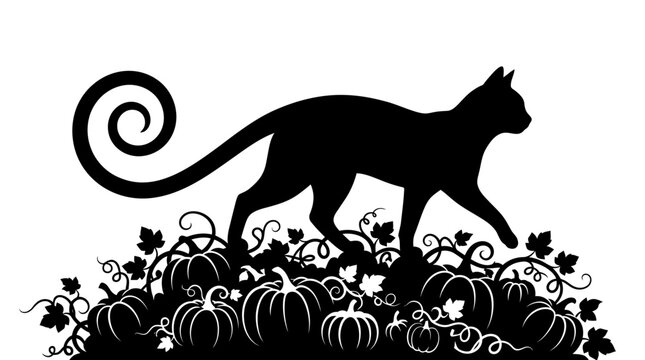 Halloween black cat silhouette walking over pumpkin patch vector