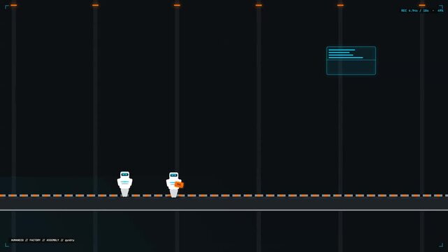Two Pixel Art Astronauts Walking On Futuristic Dark Corridor Platform With Orange Neon Lights Retro Game Style