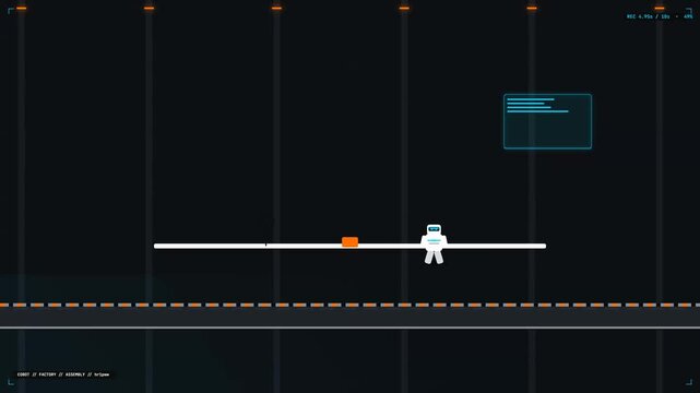 Cute Pixel Art Astronaut Standing On White Platform In Dark Futuristic Space Station With Minimal Design