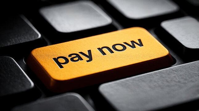 Orange keyboard button with Pay Now text sits on black keyboard. Action of online payment transaction on computer screen. E commerce concept of immediate digital purchase.