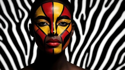 Plakat Portrait of black woman with bright yellow, red face paint. Artistic makeup design features bold lines on skin. Model poses against black, white zebra pattern background. Creative ethnic style beauty