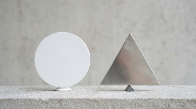 White circle and metal triangle balance generative AI investments between risk and reward in minimal studio scene