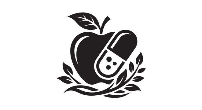Fresh whole apple with leaf, bold black and white silhouette vector, clean minimal fruit icon, healthy food, organic agriculture