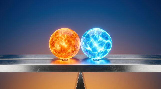 Generative ai investment risk reward balance concept with glowing orange and blue sphere on metallic scale creating dramatic contrast