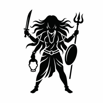 Black silhouette of a multi armed female warrior goddess with divine weapons for spiritual or cultural design projects