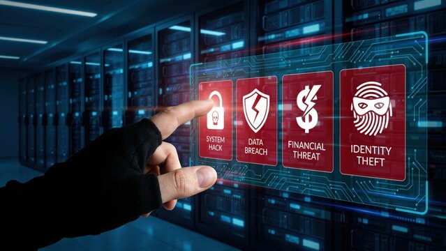 A hacker touches a digital hologram displaying cyber threats in a server room. Concept for cybersecurity protection and information security awareness campaigns.