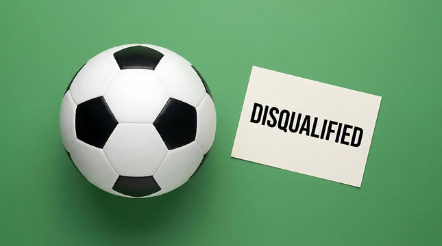 Soccer ball on a green background with a disqualified sign representing rule violations