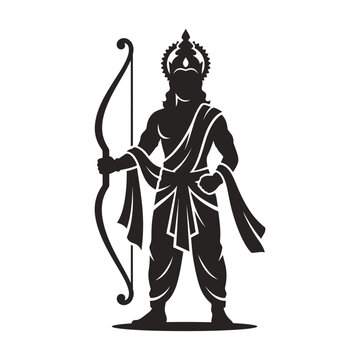 Silhouette of Hindu Deity Lord Rama Standing with Bow Archer Warrior Icon Vector