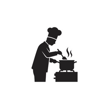 A chef in uniform wearing a toque, skillfully stirring food in a pot on a stovetop, with steam rising from the cooking dish, symbolizing culinary arts and professional cooking