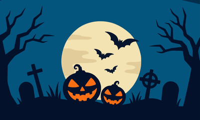 Fototapeta premium Dark Halloween Landscape Featuring Jack O Lanterns
