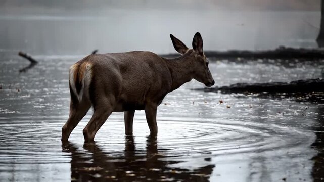 A graceful wild deer wades through the calm, misty waters of a tranquil lake, reflecting the somber natural environment.