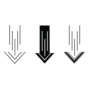 Down arrow speed and direction icon set. Minimalist black line art and silhouette concept for download, reduction, scroll down, navigation, direction, and UI graphic design.