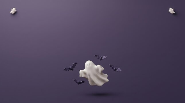 Cute white ghost character surrounded by small bats floating on a dark purple background