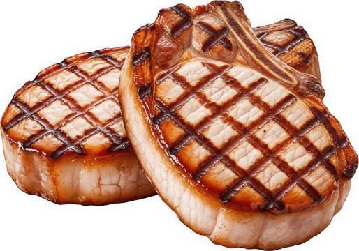 Two grilled pork chops with visible char marks isolated on a pure white background