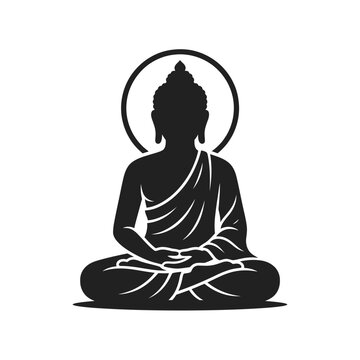 Black and white silhouette of Buddha meditating in lotus pose with halo vector illustration