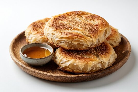 Stack of flaky Yemeni malawah bread rounds topped with sesame seeds served with honey dip on wooden plate. Delicious baked pastry with golden crust.