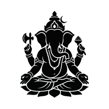 Minimalist Black Silhouette of Lord Ganesha Sitting in Lotus Pose Vector Illustration for Spiritual and Cultural Decorative Art Projects